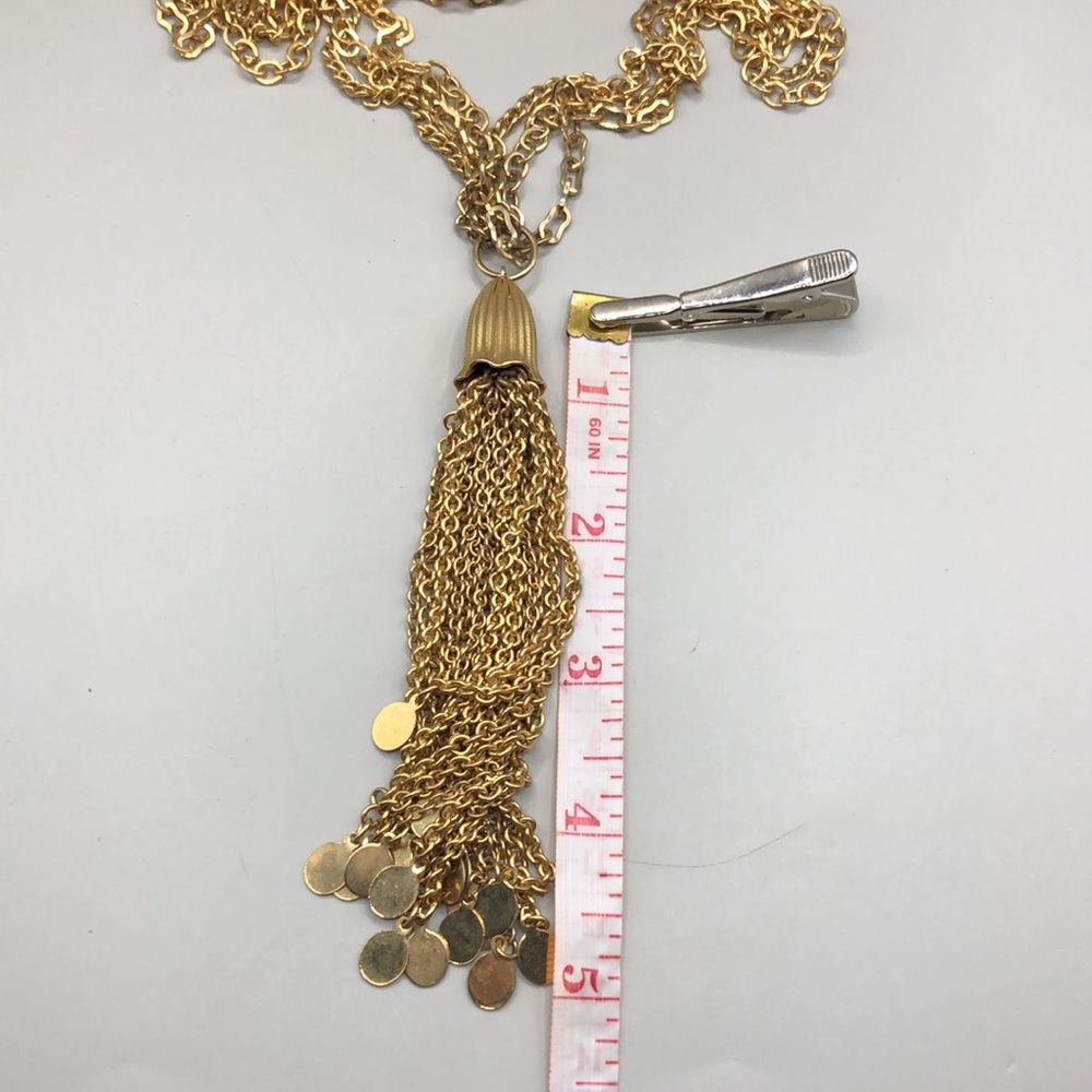 Vintage multi layered gold tone statement costume long necklace tassel fringe. - Picture 8 of 8
